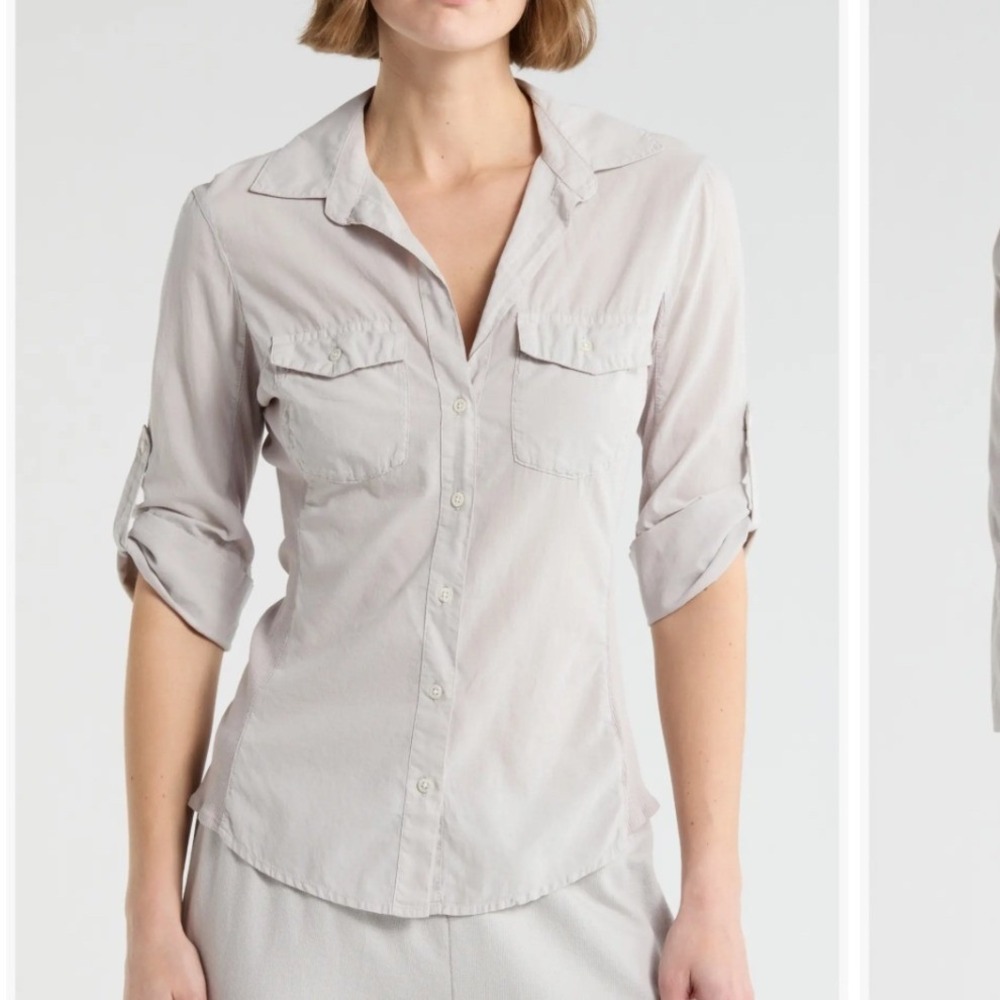James Perse Ribbed Panel Mist Grey Button Up Shirt Womens S Minimalist Utility